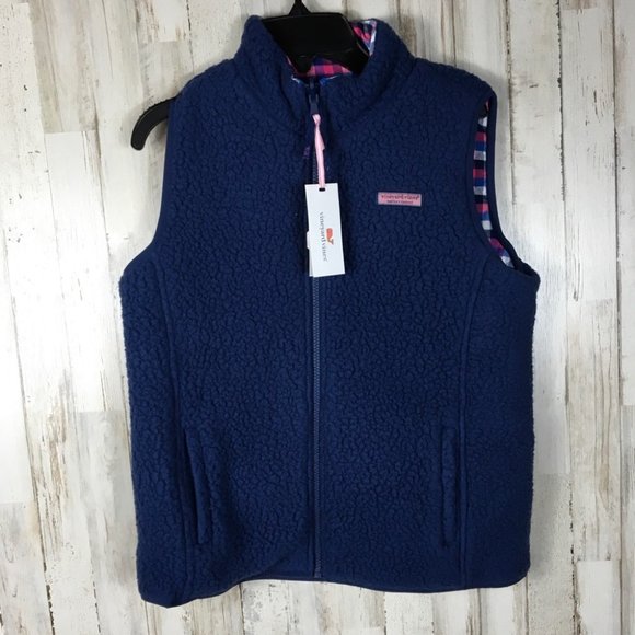 Vineyard Vines Reversible Sherpa Plaid Vest Blue - Picture 6 of 14